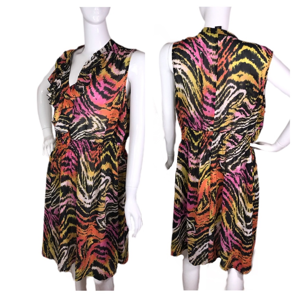Lane Bryant sz 22 Plus Mixed up Animal Print Ruffle Neckline Sleeveless Dress